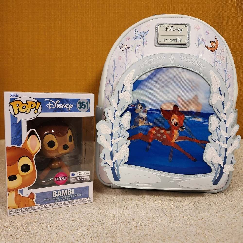 Loungefly Disney Bambi on Ice Lenticular Mini Backpack Flocked Funko Pop Set NEW